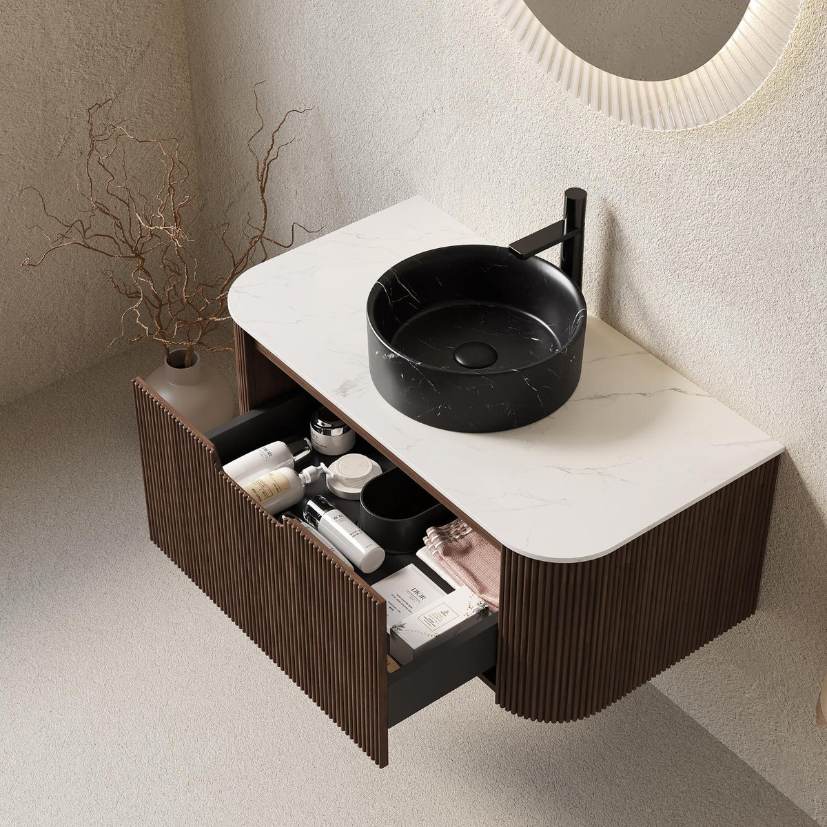36" Brown Wood Floating Bathroom Vanity With Black Sink - HomeRoots - Flyclothing LLC