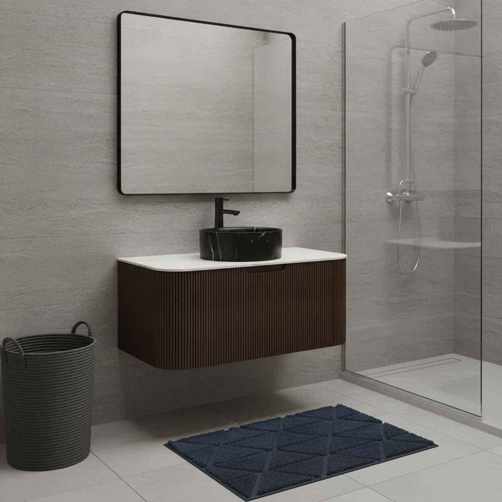 36" Brown Wood Floating Bathroom Vanity With Black Sink - HomeRoots - Flyclothing LLC