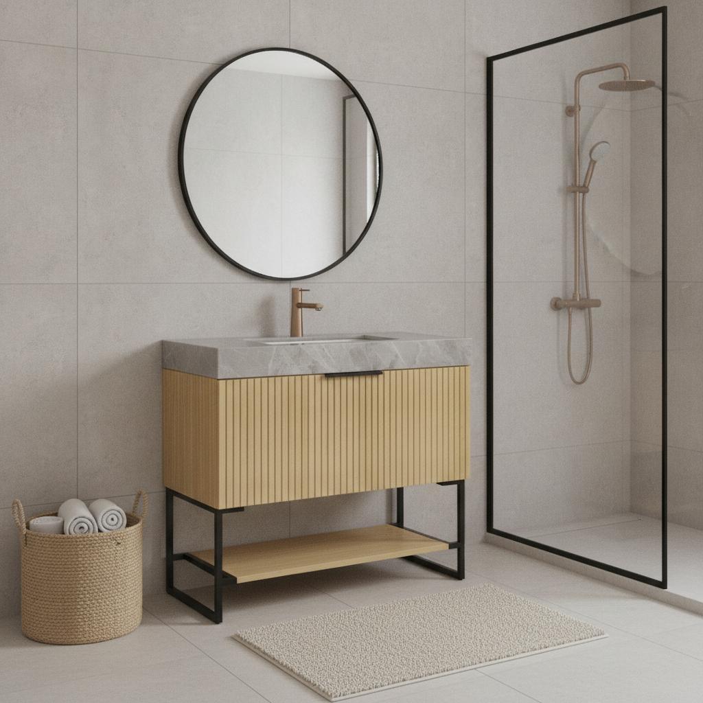 36" Brown Wood Freestanding Bathroom Vanity With White Sink - HomeRoots - Flyclothing LLC