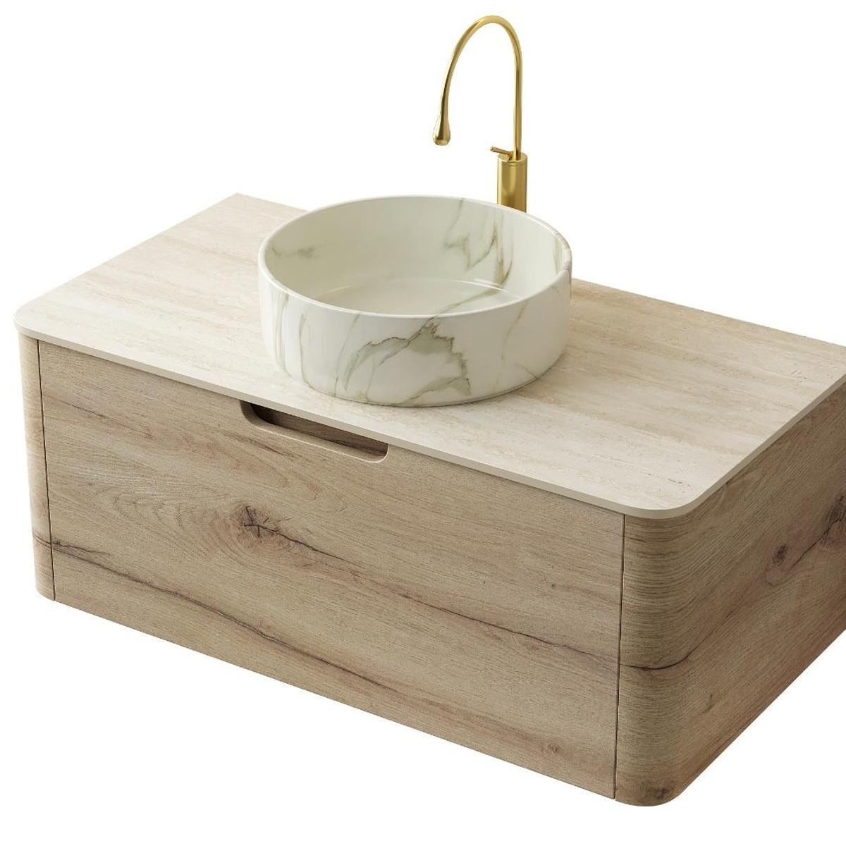 36" Brown Wood Floating Bathroom Vanity With White Sink - HomeRoots - Flyclothing LLC