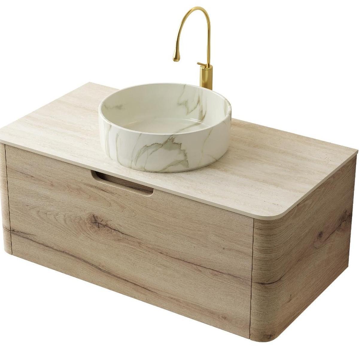 36" Brown Wood Floating Bathroom Vanity With White Sink - HomeRoots - Flyclothing LLC