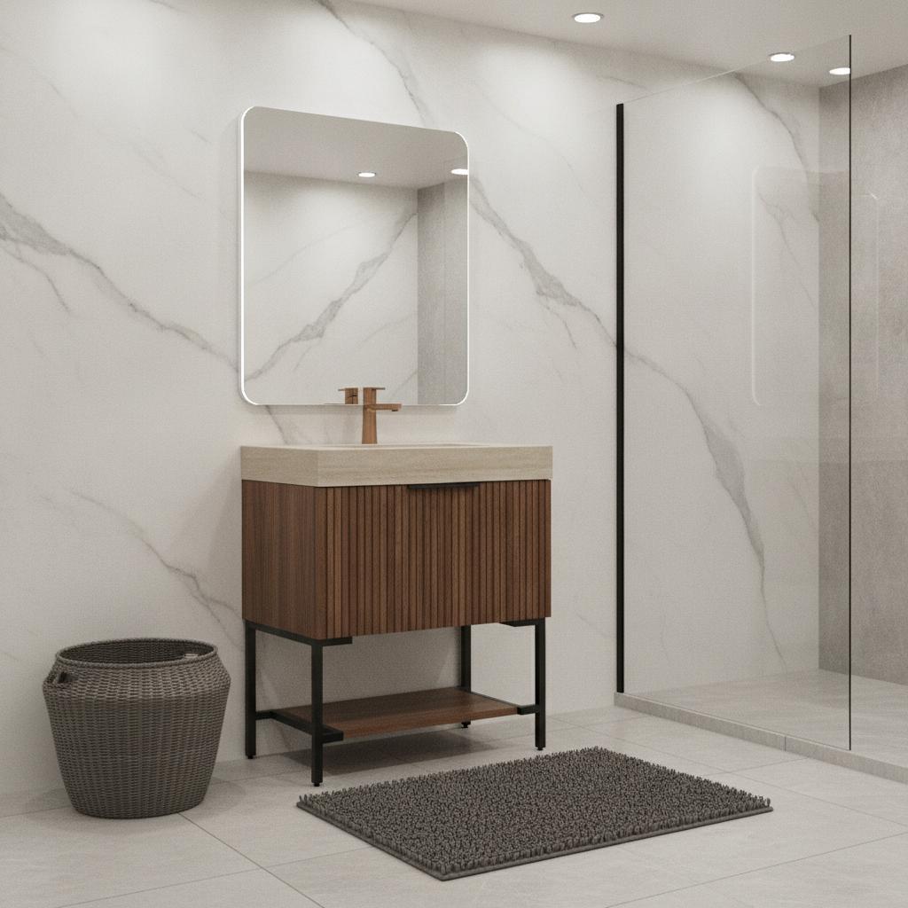 30" Brown Wood Freestanding Bathroom Vanity With White Sink - HomeRoots - Flyclothing LLC