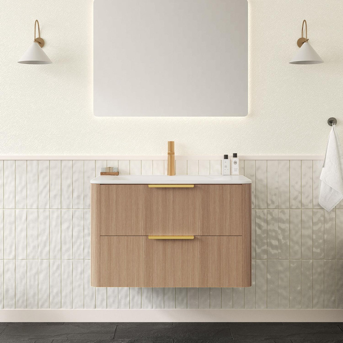 30" Brown Wood Floating Bathroom Vanity With White Sink And Two Drawers