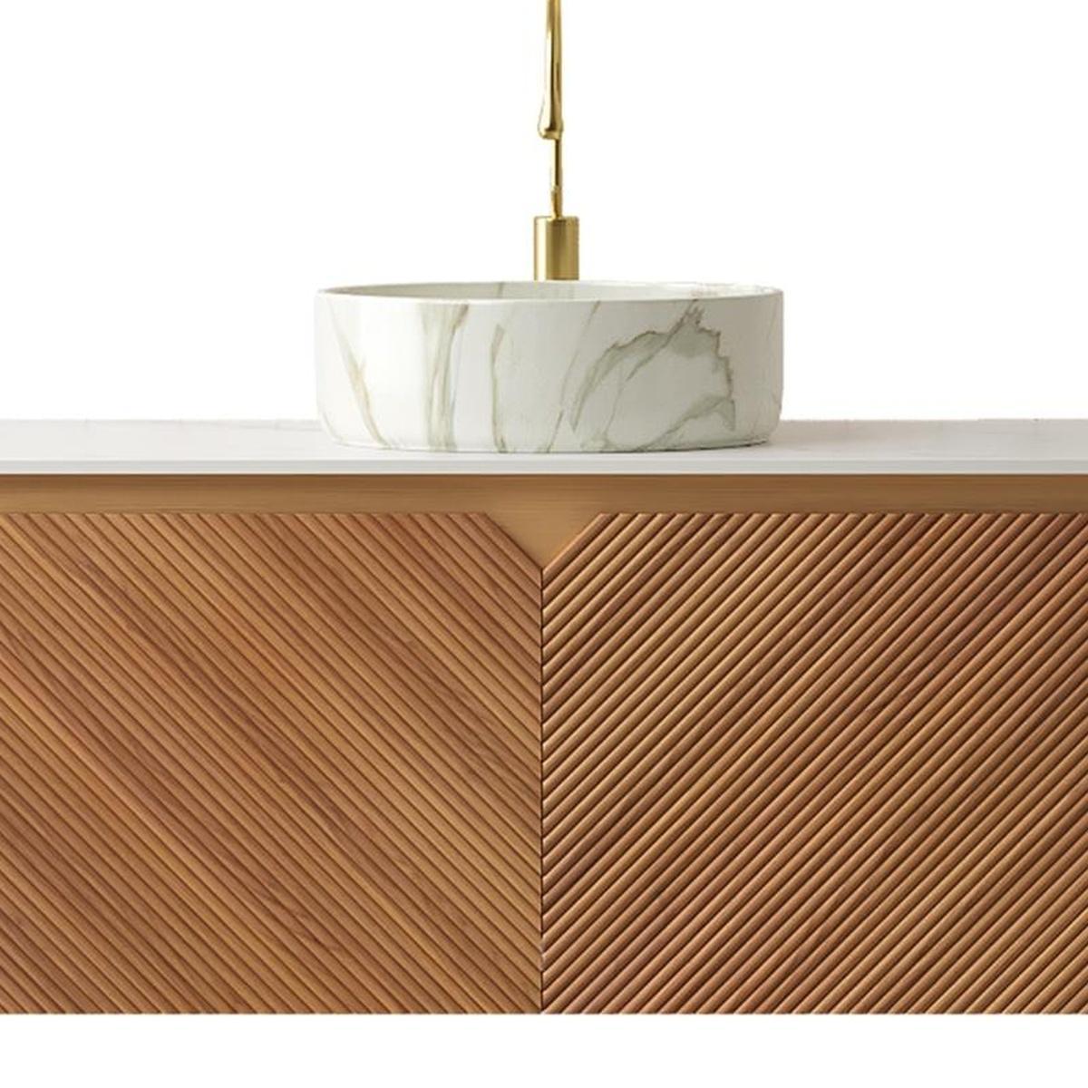 48" Brown Wood Floating Double Door Bathroom Vanity With White Sink - HomeRoots - Flyclothing LLC