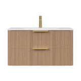 36" Brown Wood Floating Bathroom Vanity With White Sink And Two Drawers - HomeRoots - Flyclothing LLC