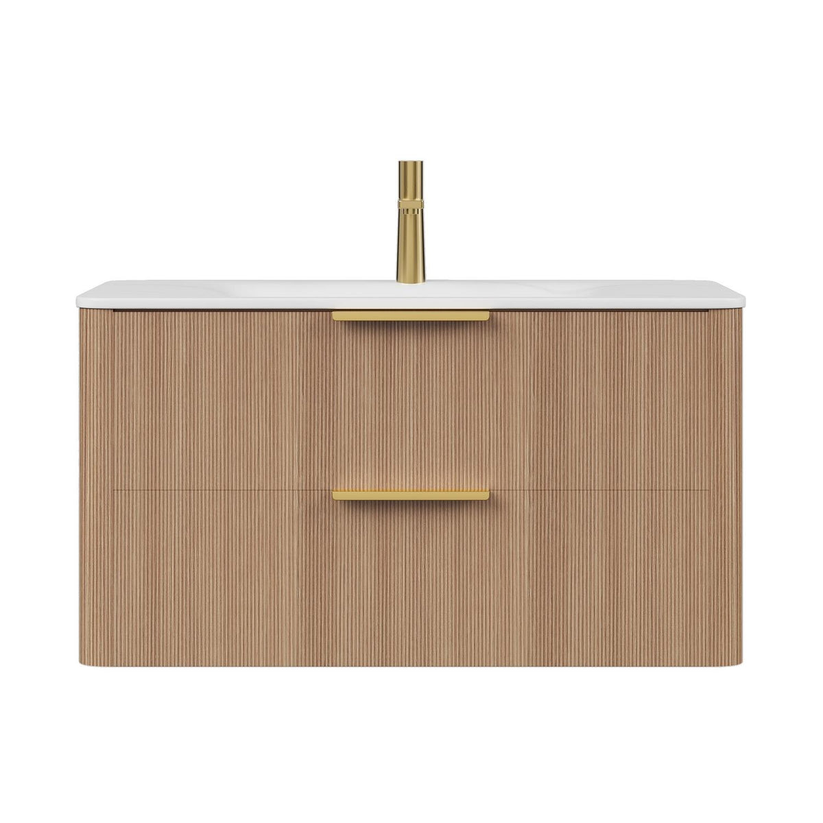 36" Brown Wood Floating Bathroom Vanity With White Sink And Two Drawers - HomeRoots - Flyclothing LLC