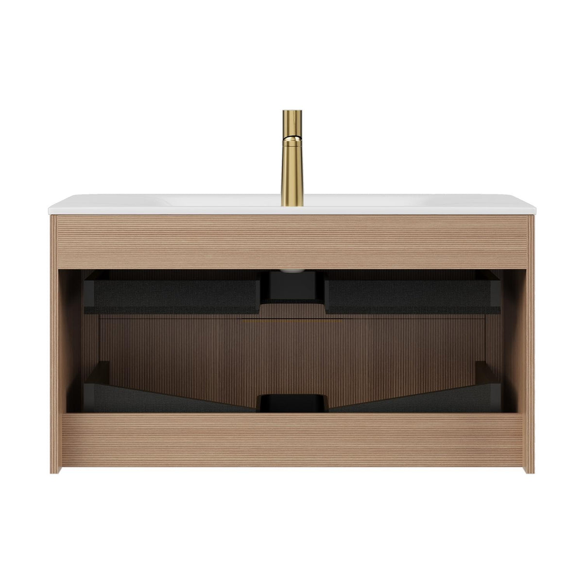 36" Brown Wood Floating Bathroom Vanity With White Sink And Two Drawers - HomeRoots - Flyclothing LLC