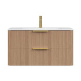 36" Brown Wood Floating Bathroom Vanity With White Sink And Two Drawers - HomeRoots - Flyclothing LLC