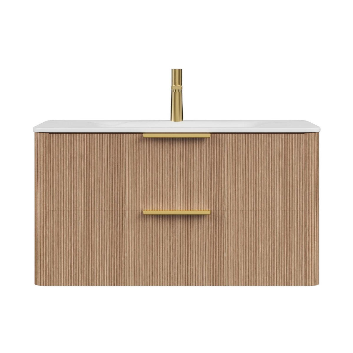 36" Brown Wood Floating Bathroom Vanity With White Sink And Two Drawers - HomeRoots - Flyclothing LLC