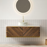 48" Brown Wood Floating Bathroom Vanity With White Sink And Two Drawers