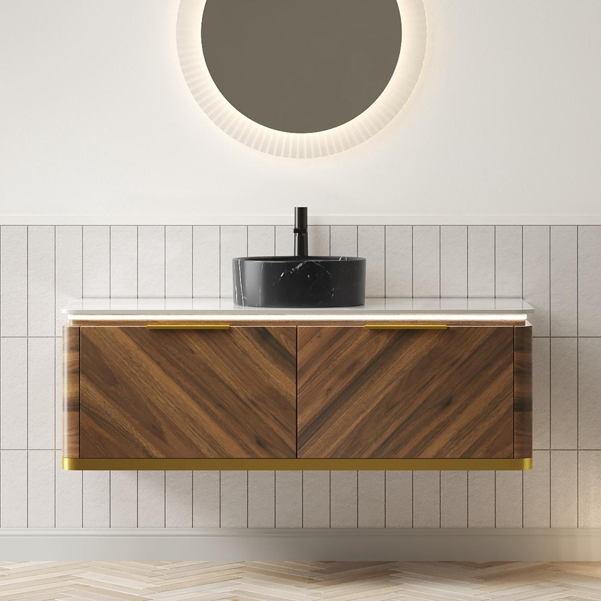 48" Brown Wood Floating Bathroom Vanity With Black Sink And Two Drawers - HomeRoots - Flyclothing LLC