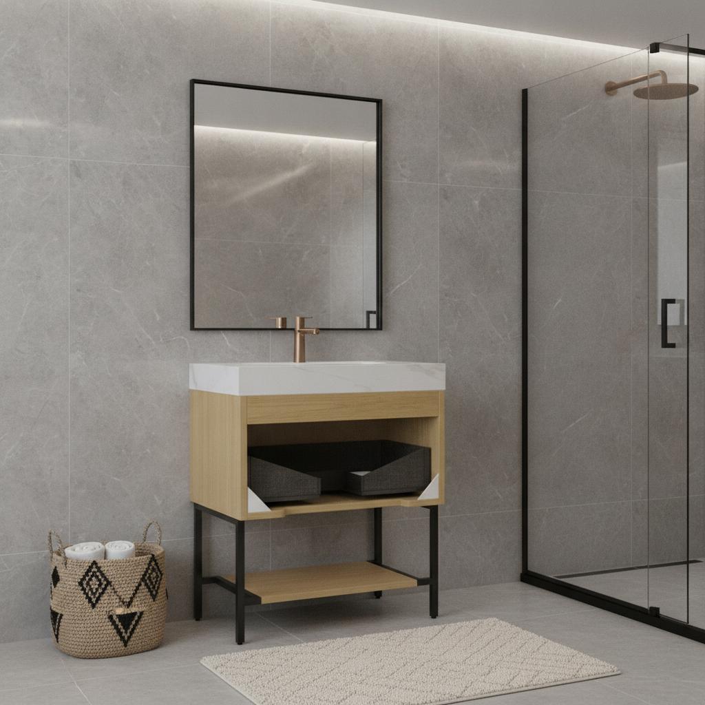 30" Brown Wood Freestanding Bathroom Vanity With White Sink