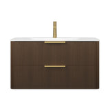 36" Brown Wood Floating Bathroom Vanity With White Sink And Two Drawers - HomeRoots - Flyclothing LLC