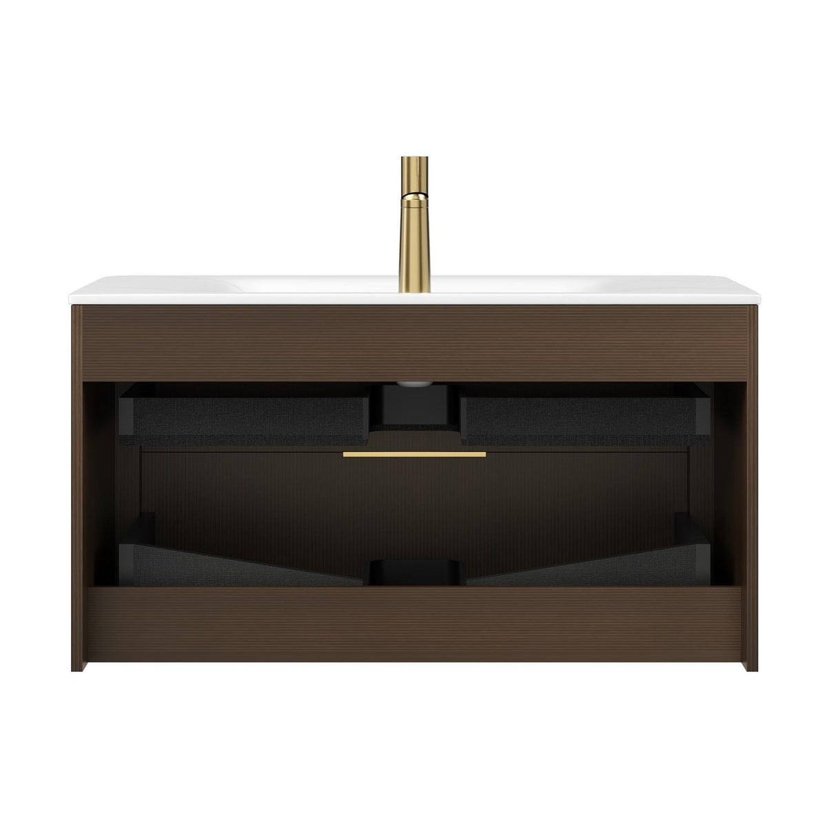 36" Brown Wood Floating Bathroom Vanity With White Sink And Two Drawers - HomeRoots - Flyclothing LLC