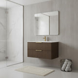 36" Brown Wood Floating Bathroom Vanity With White Sink And Two Drawers - HomeRoots - Flyclothing LLC