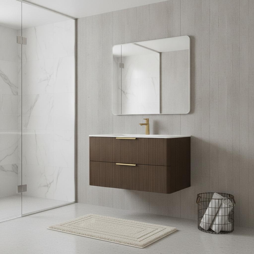 36" Brown Wood Floating Bathroom Vanity With White Sink And Two Drawers - HomeRoots - Flyclothing LLC