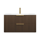 36" Brown Wood Floating Bathroom Vanity With White Sink And Two Drawers - HomeRoots - Flyclothing LLC