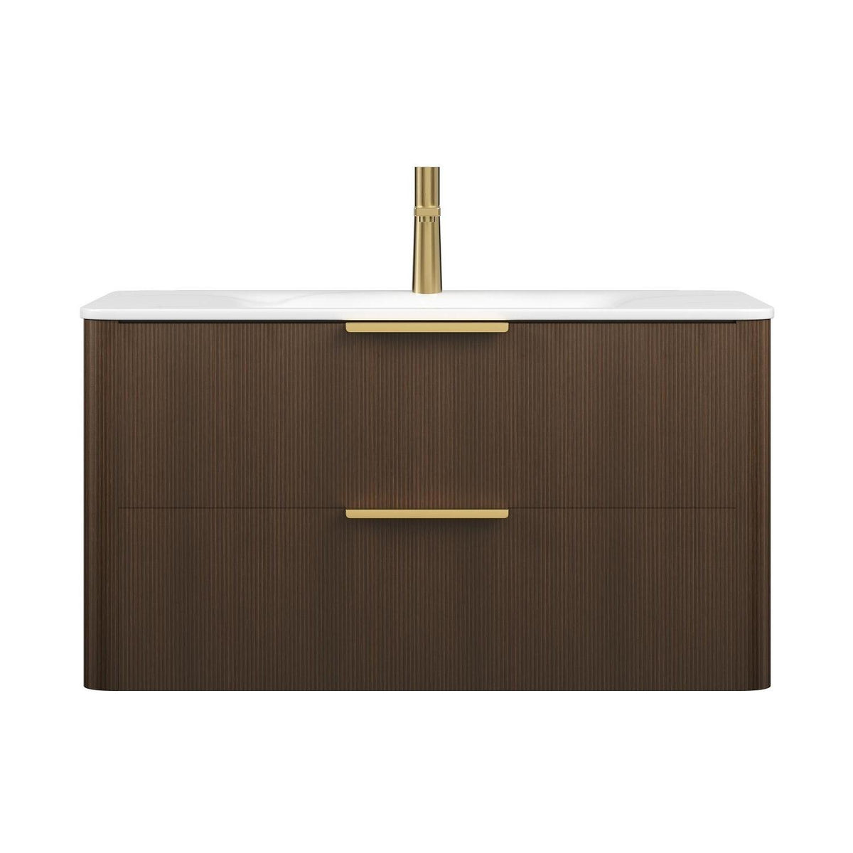 36" Brown Wood Floating Bathroom Vanity With White Sink And Two Drawers - HomeRoots - Flyclothing LLC