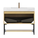 36" Brown Wood Freestanding Bathroom Vanity With White Sink - HomeRoots - Flyclothing LLC