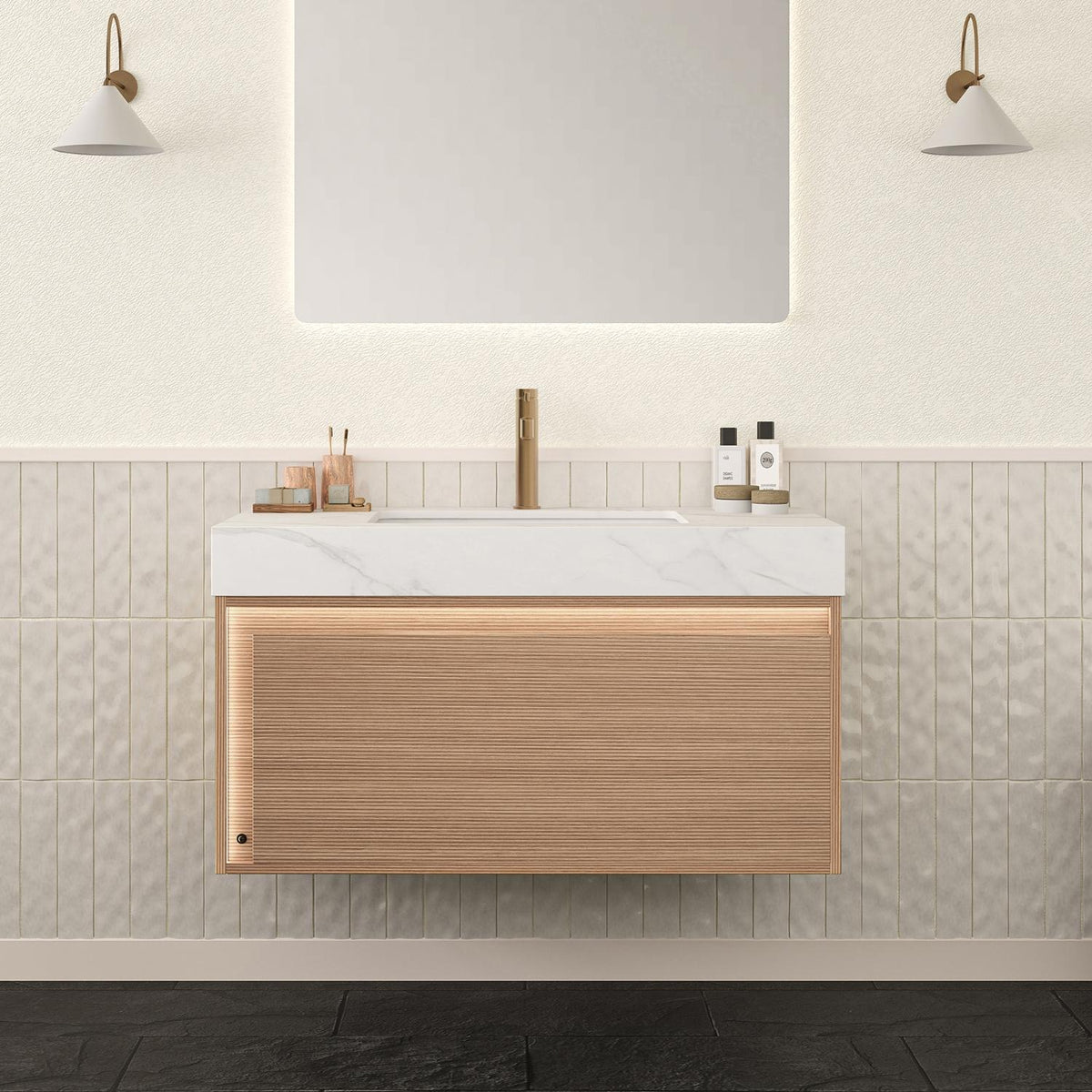 36" Brown Wood Floating Bathroom Vanity With White Sink - HomeRoots - Flyclothing LLC