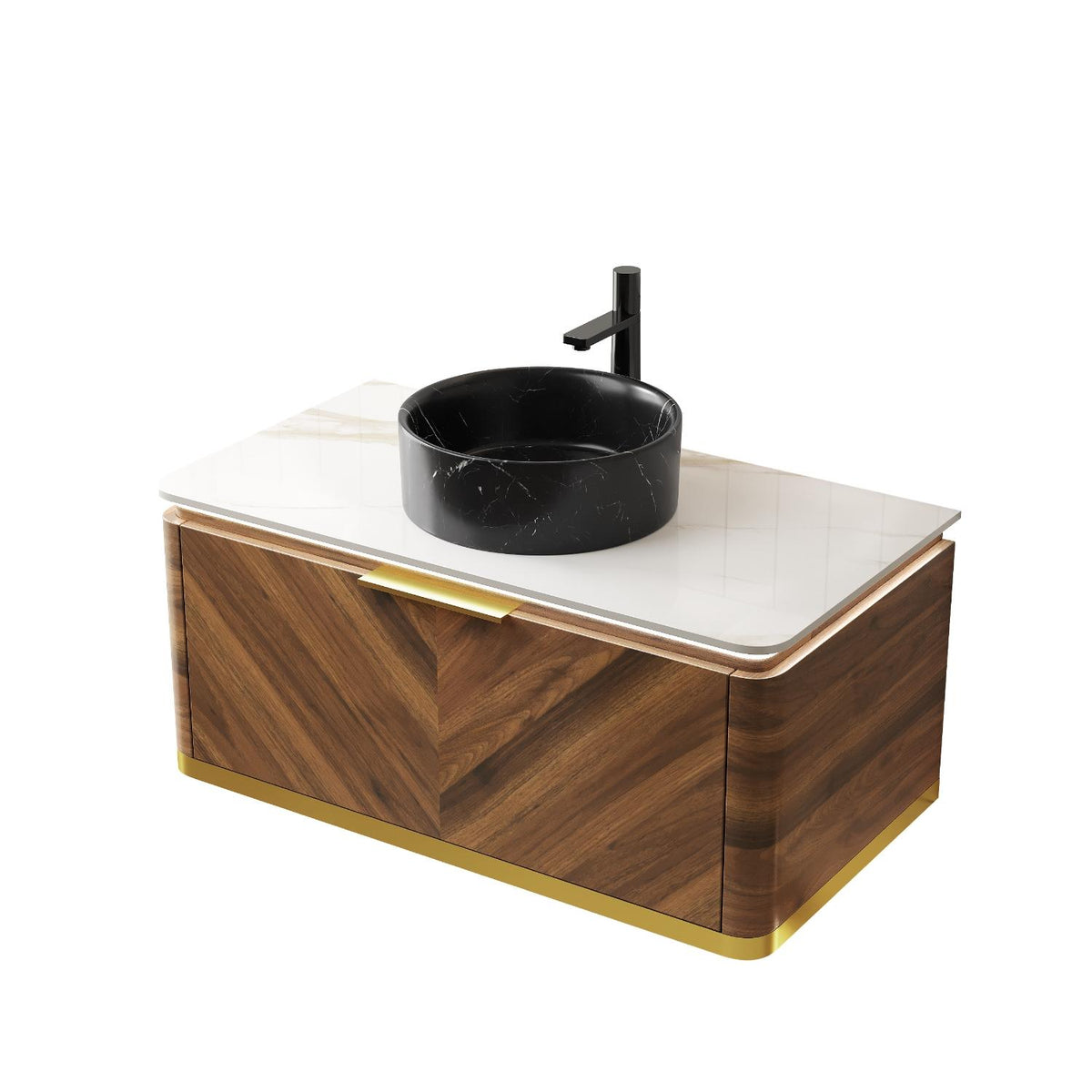 36" Brown Wood Floating Bathroom Vanity With Black Sink - HomeRoots - Flyclothing LLC