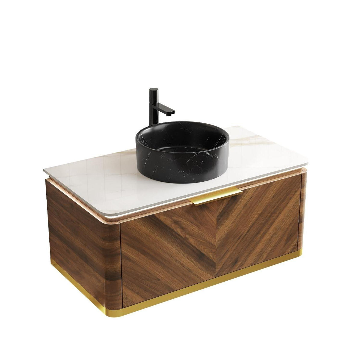 36" Brown Wood Floating Bathroom Vanity With Black Sink - HomeRoots - Flyclothing LLC