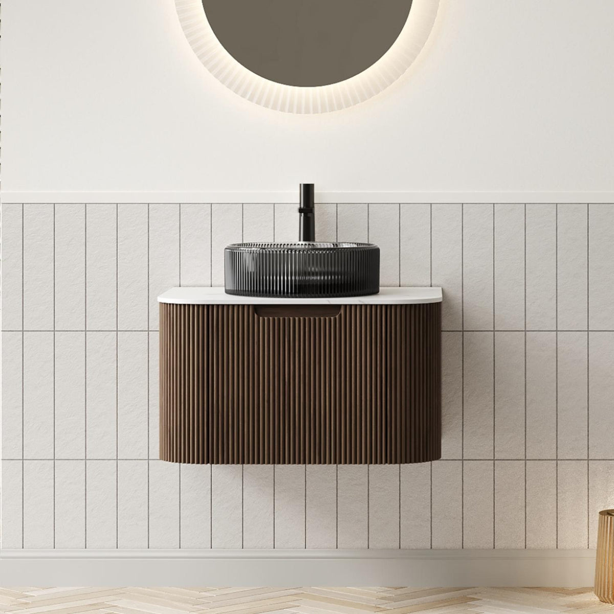 24" Brown Wood Floating Bathroom Vanity With Black Sink - HomeRoots - Flyclothing LLC