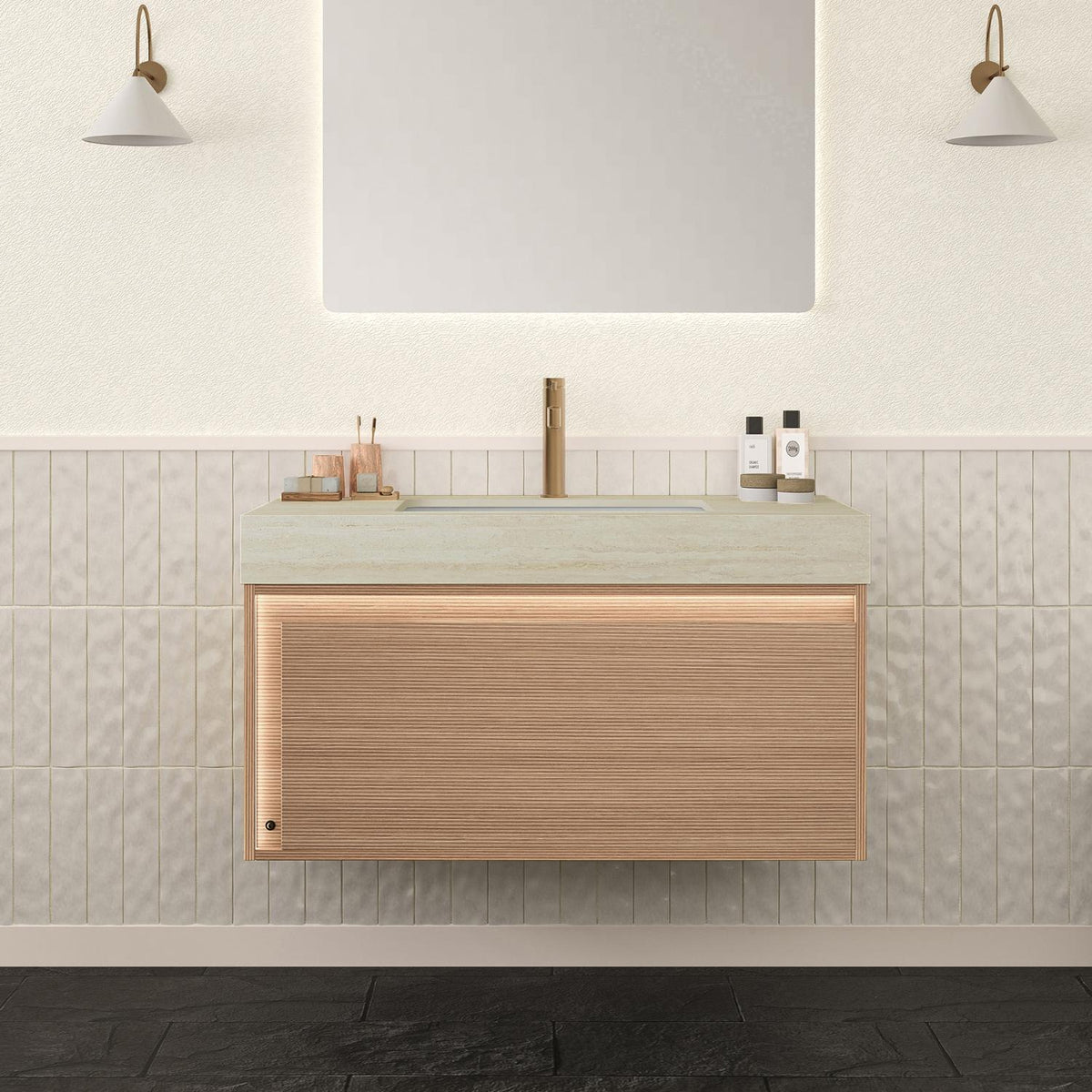 36" Brown Wood Floating Bathroom Vanity With White Sink - HomeRoots - Flyclothing LLC