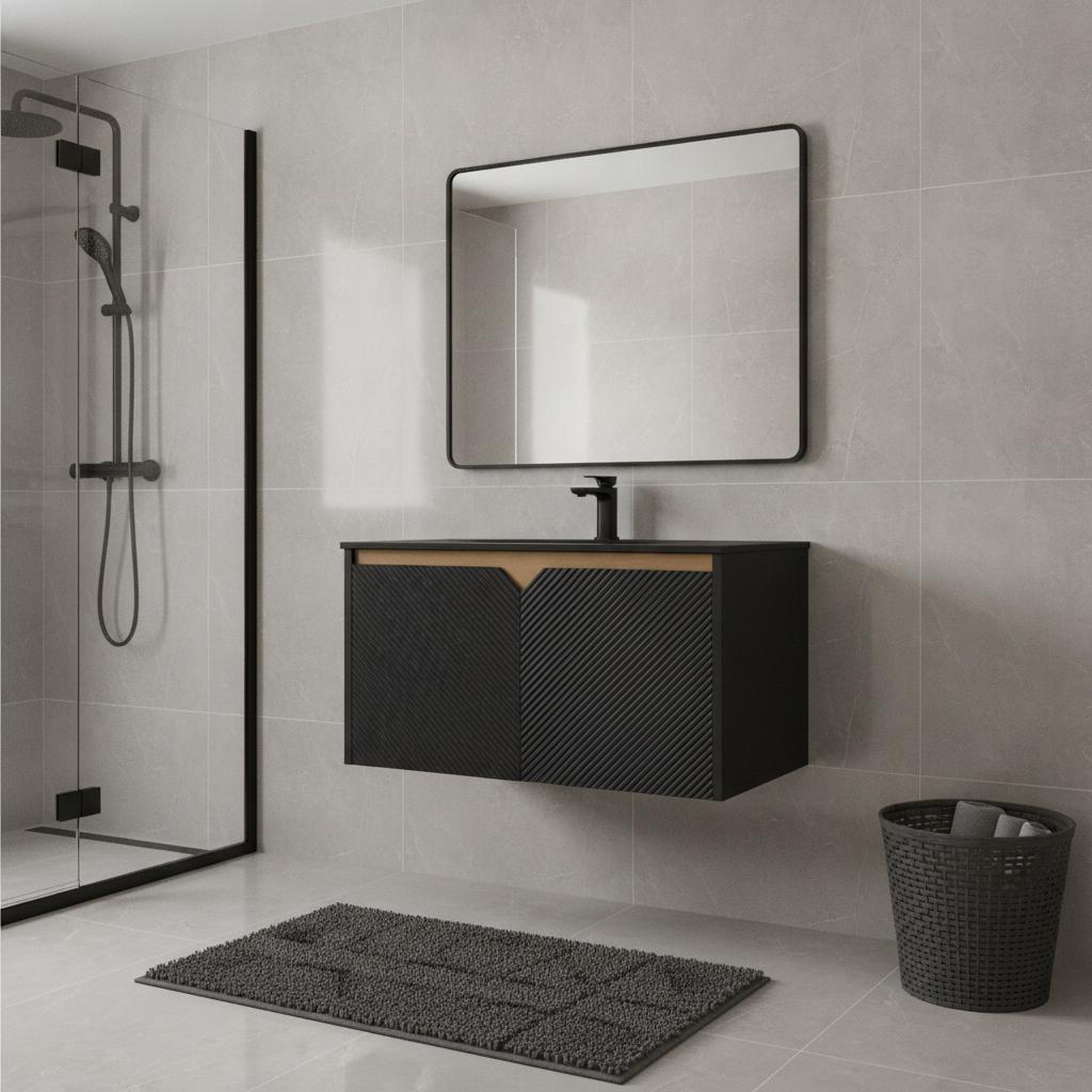 30" Black Wood Floating Double Door Bathroom Vanity - HomeRoots - Flyclothing LLC