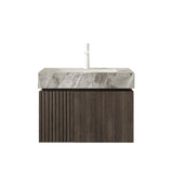 24" Brown Wood Floating Double Door Bathroom Vanity With White Sink