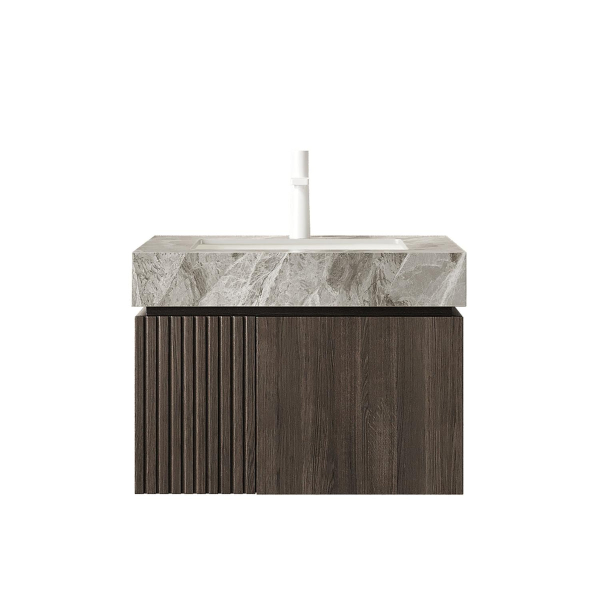 24" Brown Wood Floating Double Door Bathroom Vanity With White Sink