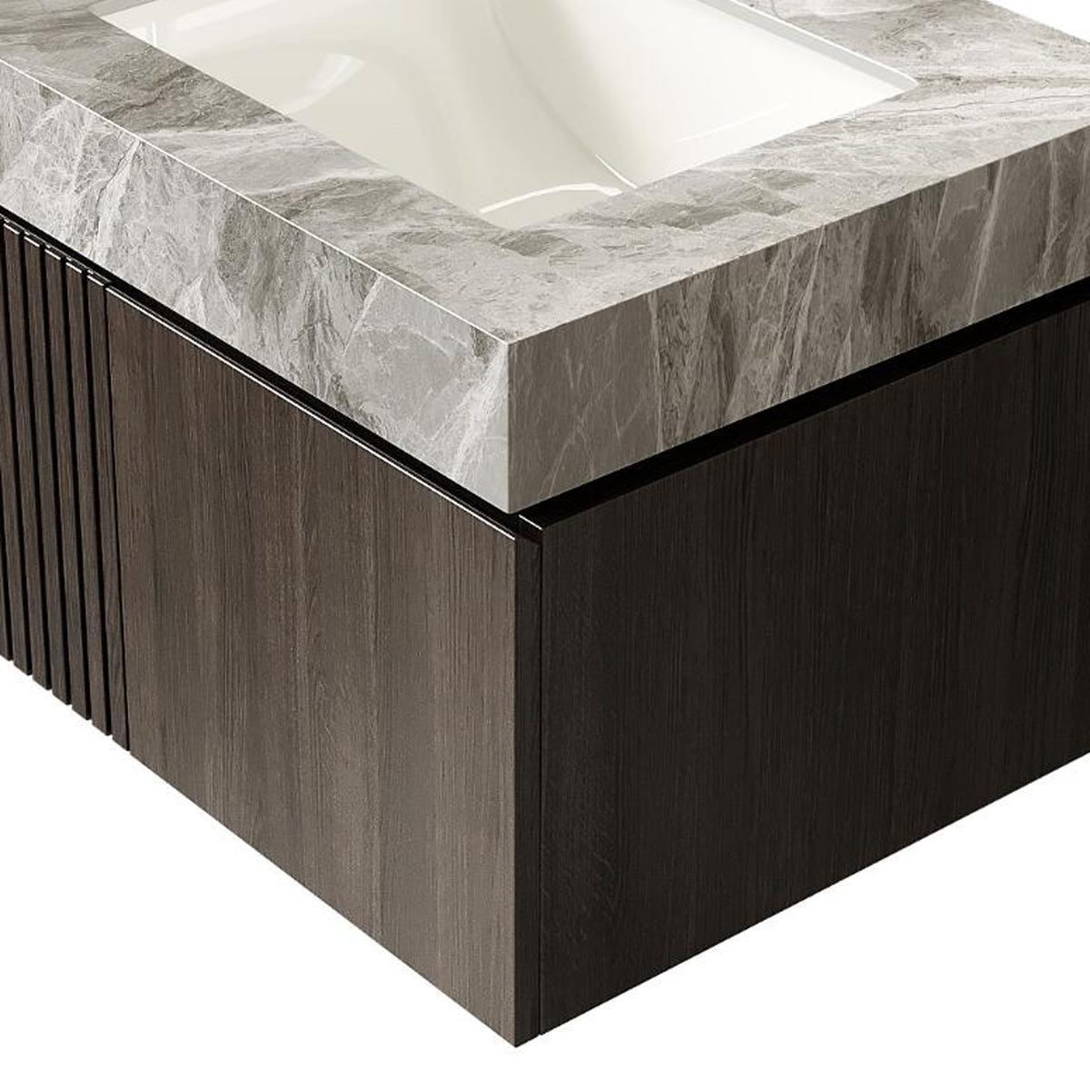 24" Brown Wood Floating Double Door Bathroom Vanity With White Sink