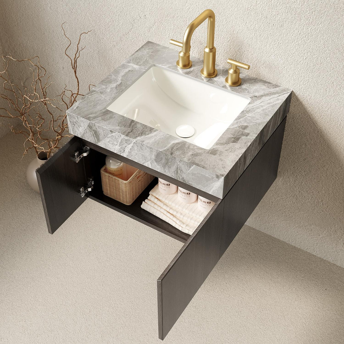 24" Brown Wood Floating Double Door Bathroom Vanity With White Sink - HomeRoots - Flyclothing LLC