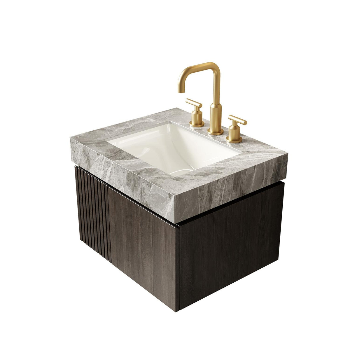 24" Brown Wood Floating Double Door Bathroom Vanity With White Sink - HomeRoots - Flyclothing LLC