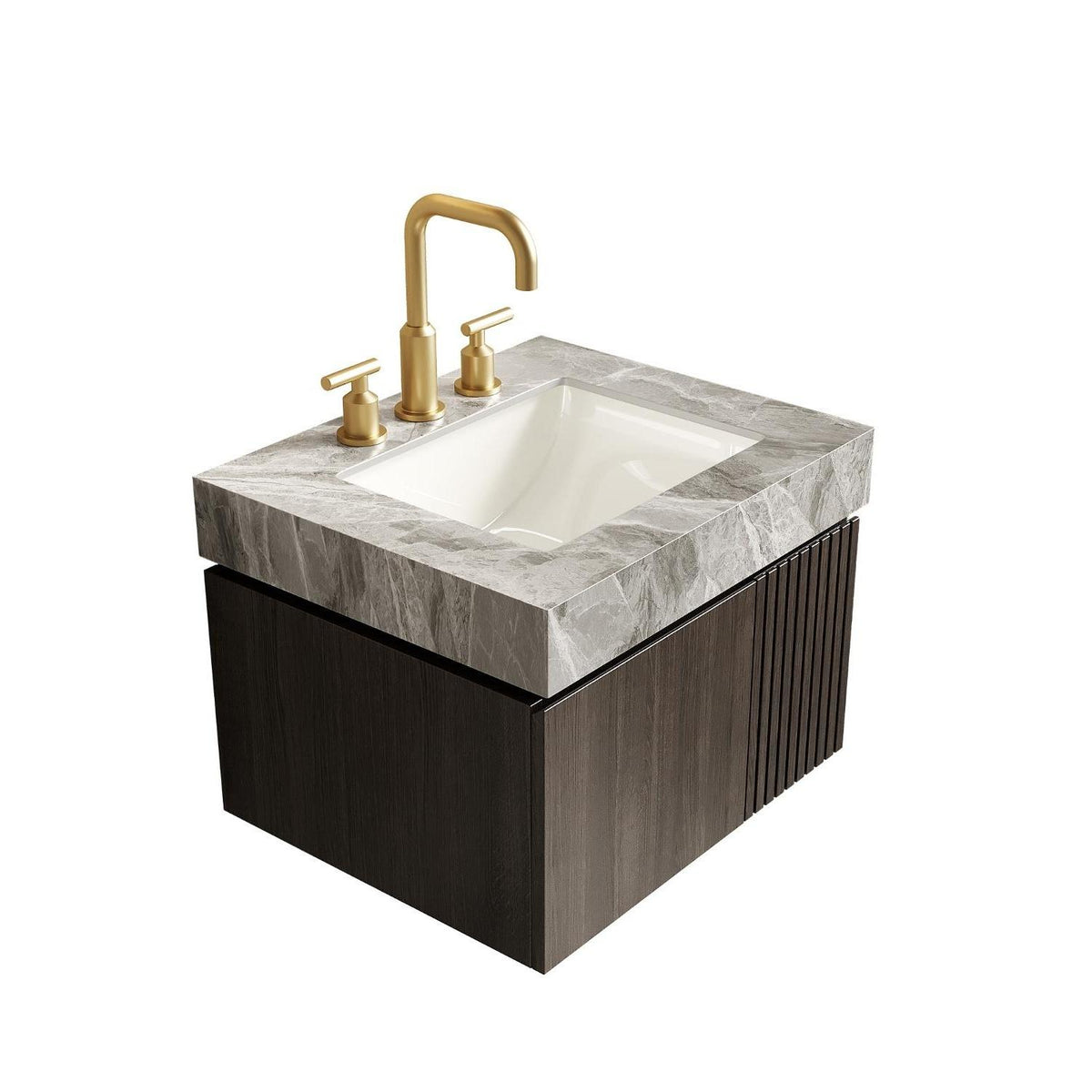24" Brown Wood Floating Double Door Bathroom Vanity With White Sink - HomeRoots - Flyclothing LLC