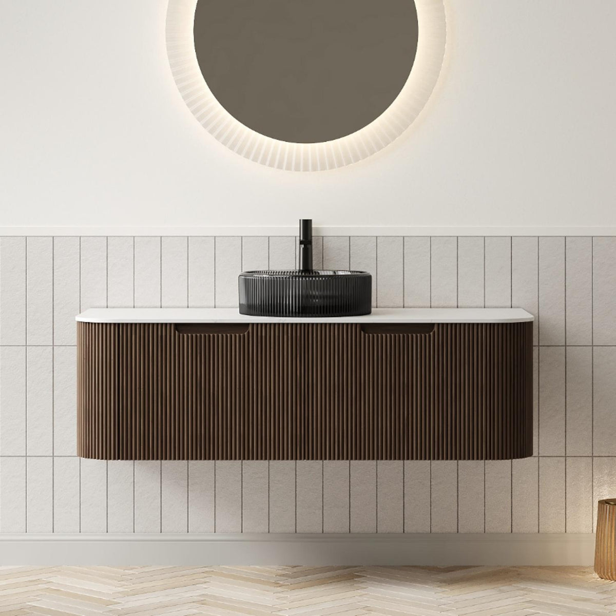 48" Brown Wood Floating Bathroom Vanity With Black Sink And Two Drawers - HomeRoots - Flyclothing LLC
