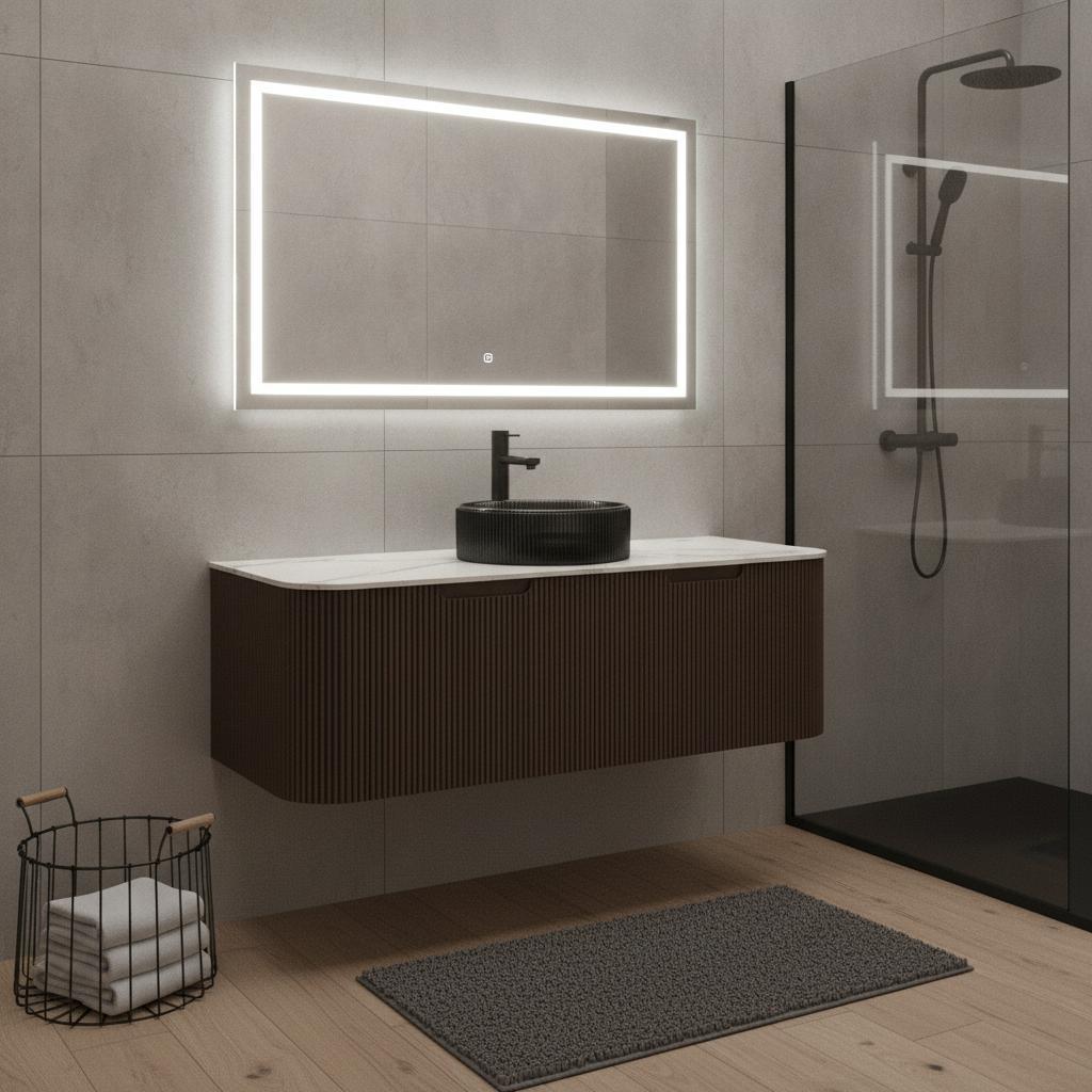 48" Brown Wood Floating Bathroom Vanity With Black Sink And Two Drawers - HomeRoots - Flyclothing LLC