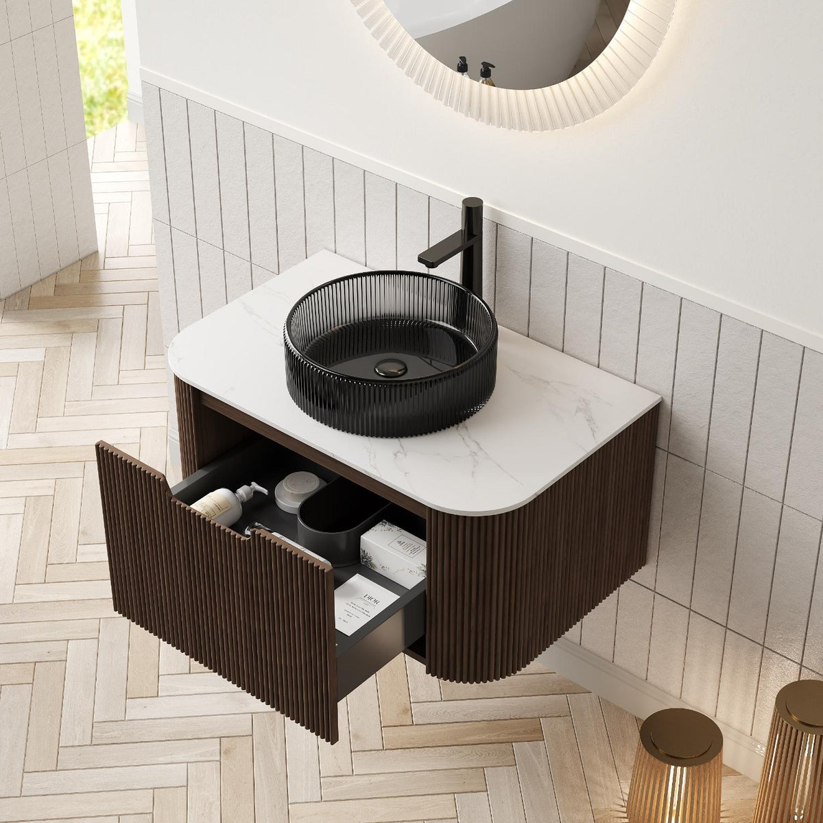 30" Brown Wood Floating Bathroom Vanity With Black Sink