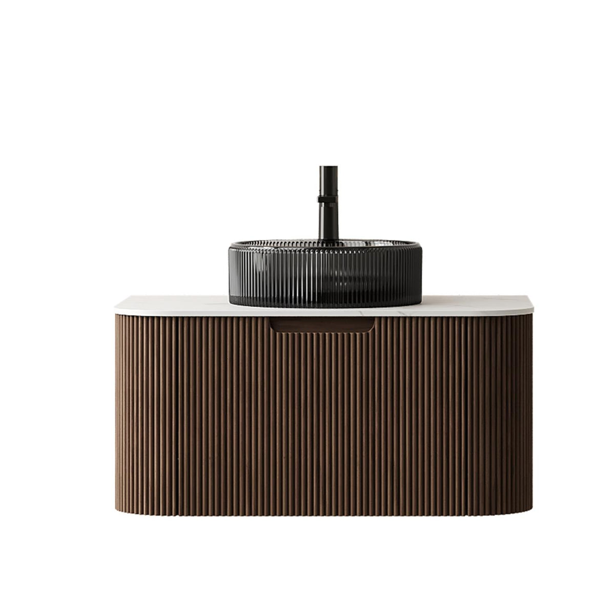 30" Brown Wood Floating Bathroom Vanity With Black Sink