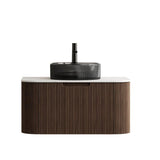 30" Brown Wood Floating Bathroom Vanity With Black Sink