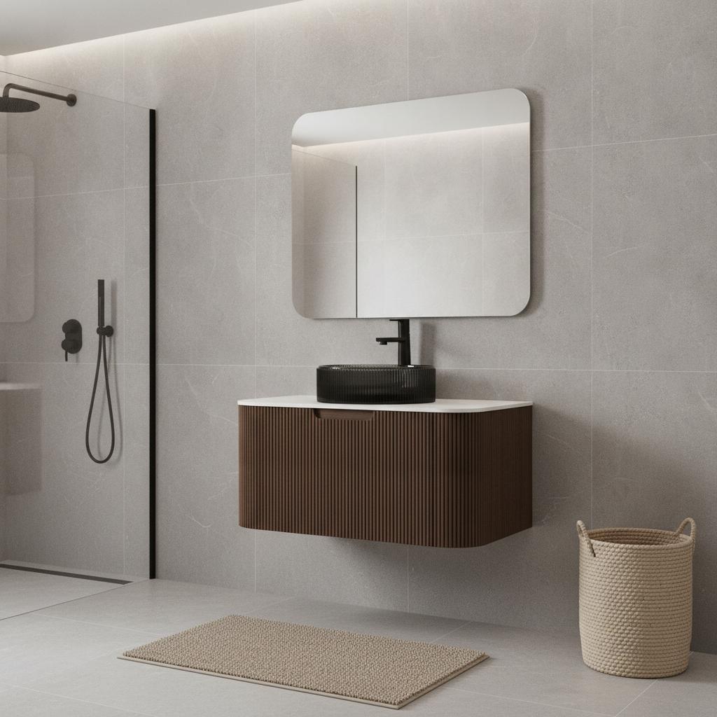 30" Brown Wood Floating Bathroom Vanity With Black Sink