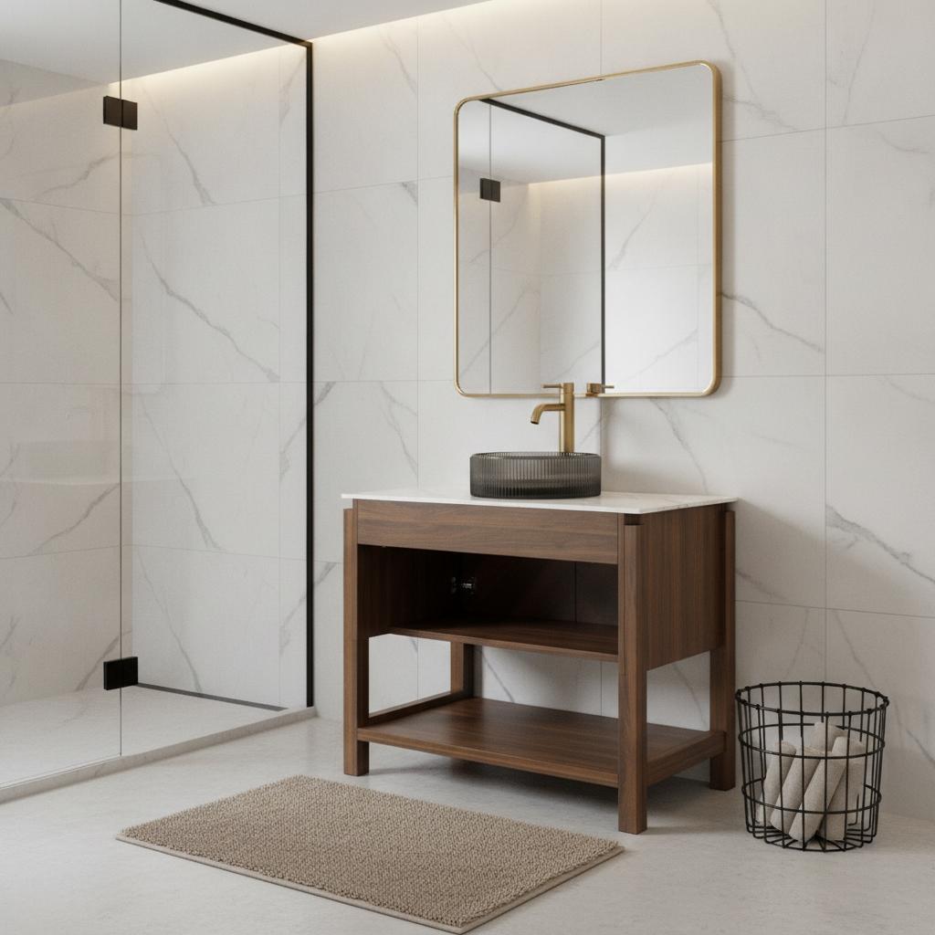 36" Brown Wood Freestanding Bathroom Vanity With Black Sink - HomeRoots - Flyclothing LLC