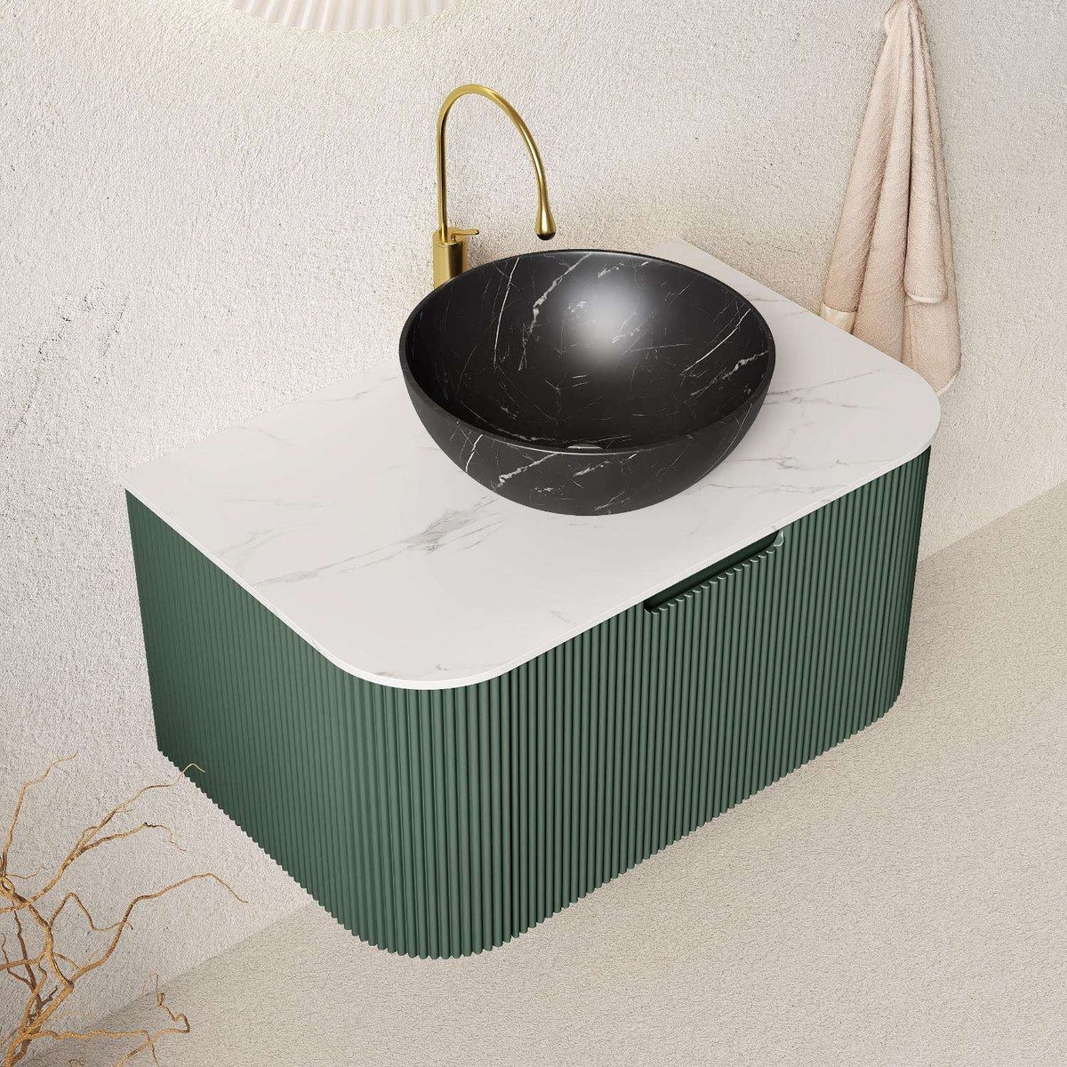 30" Green Wood Floating Bathroom Vanity With Black Sink - HomeRoots - Flyclothing LLC