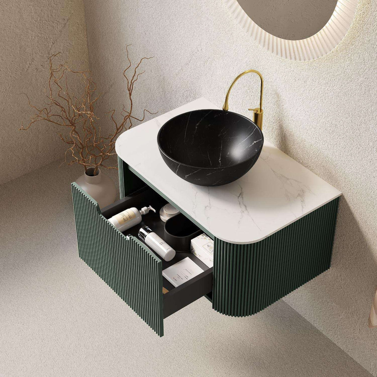 30" Green Wood Floating Bathroom Vanity With Black Sink - HomeRoots - Flyclothing LLC