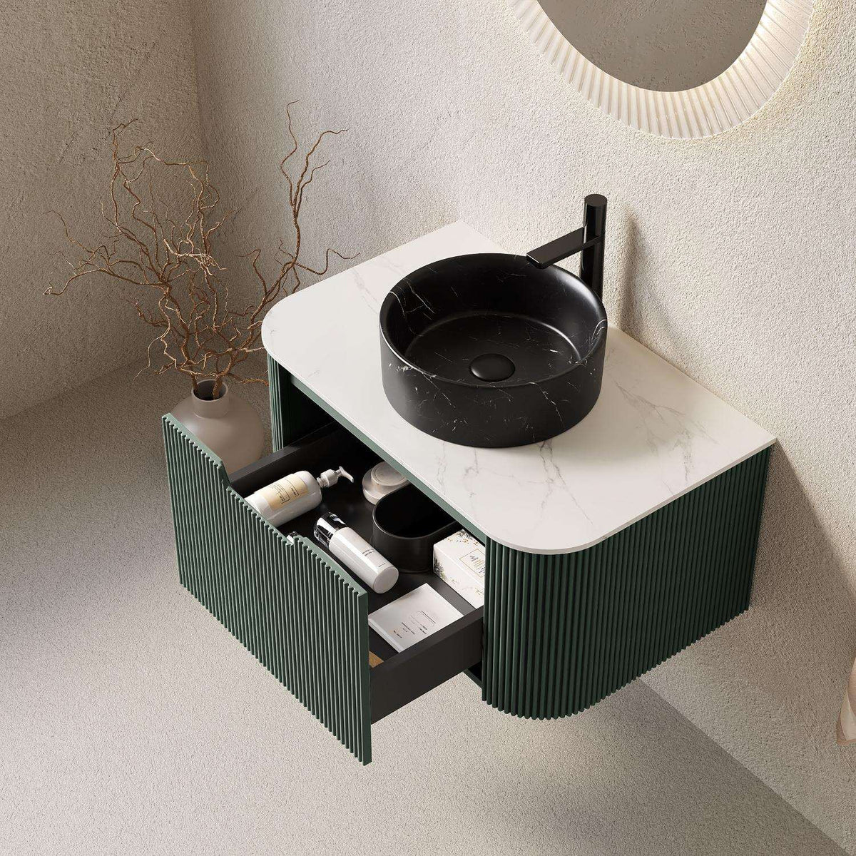 30" Green Wood Floating Bathroom Vanity With Black Sink - HomeRoots - Flyclothing LLC