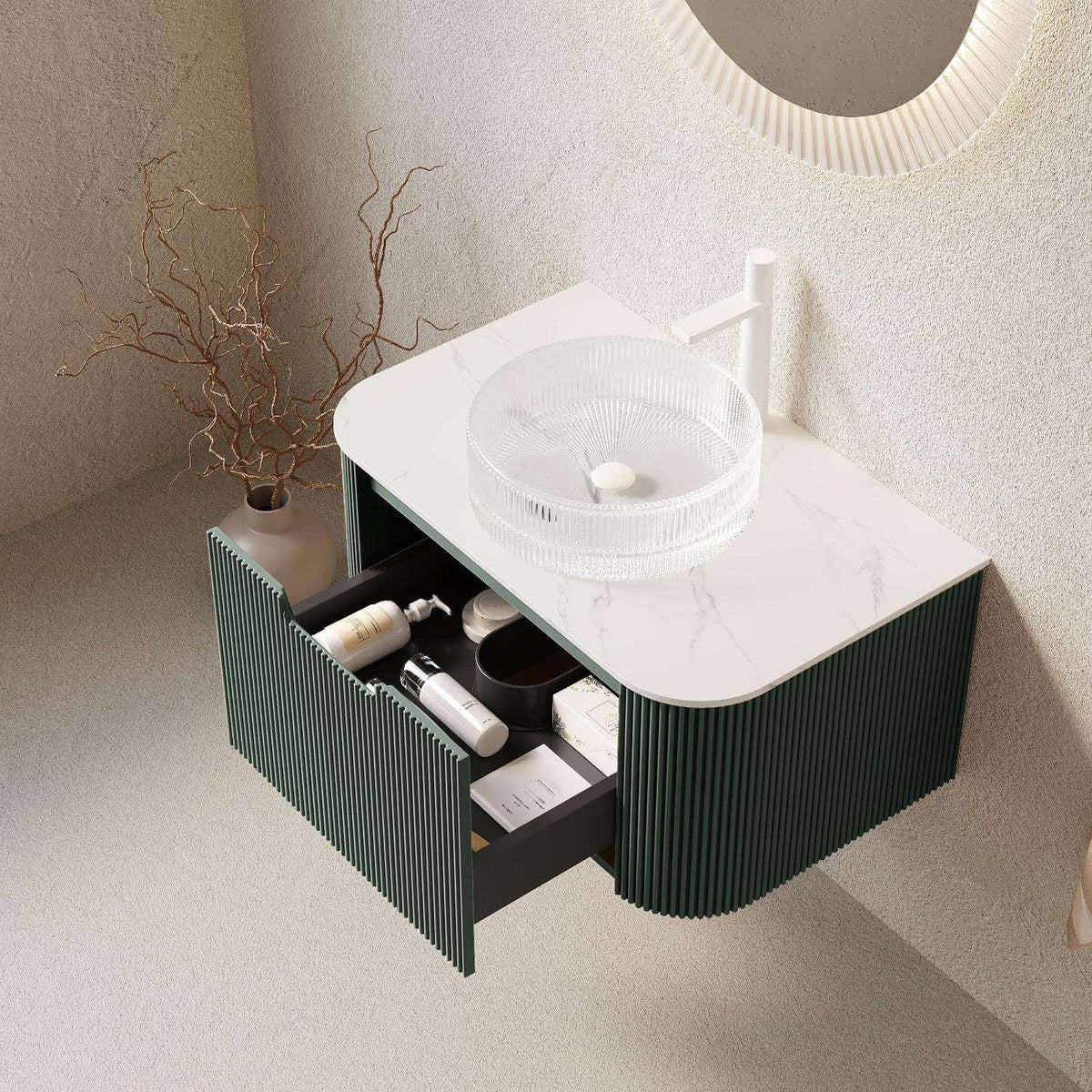 30" Green Wood Floating Bathroom Vanity With White Sink - HomeRoots - Flyclothing LLC