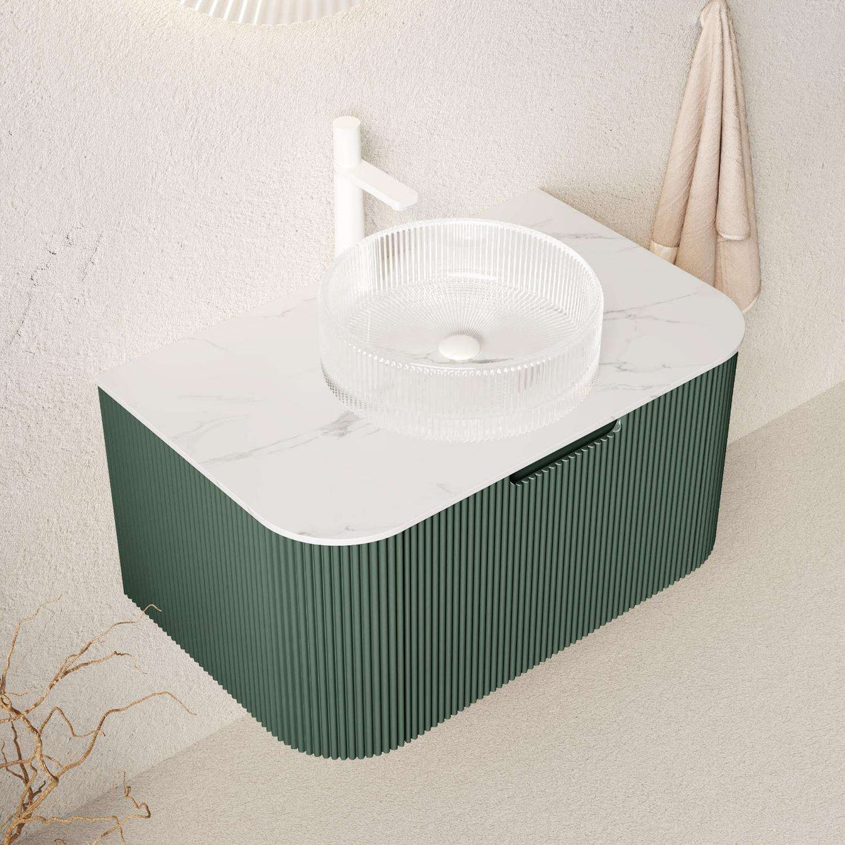 30" Green Wood Floating Bathroom Vanity With White Sink - HomeRoots - Flyclothing LLC