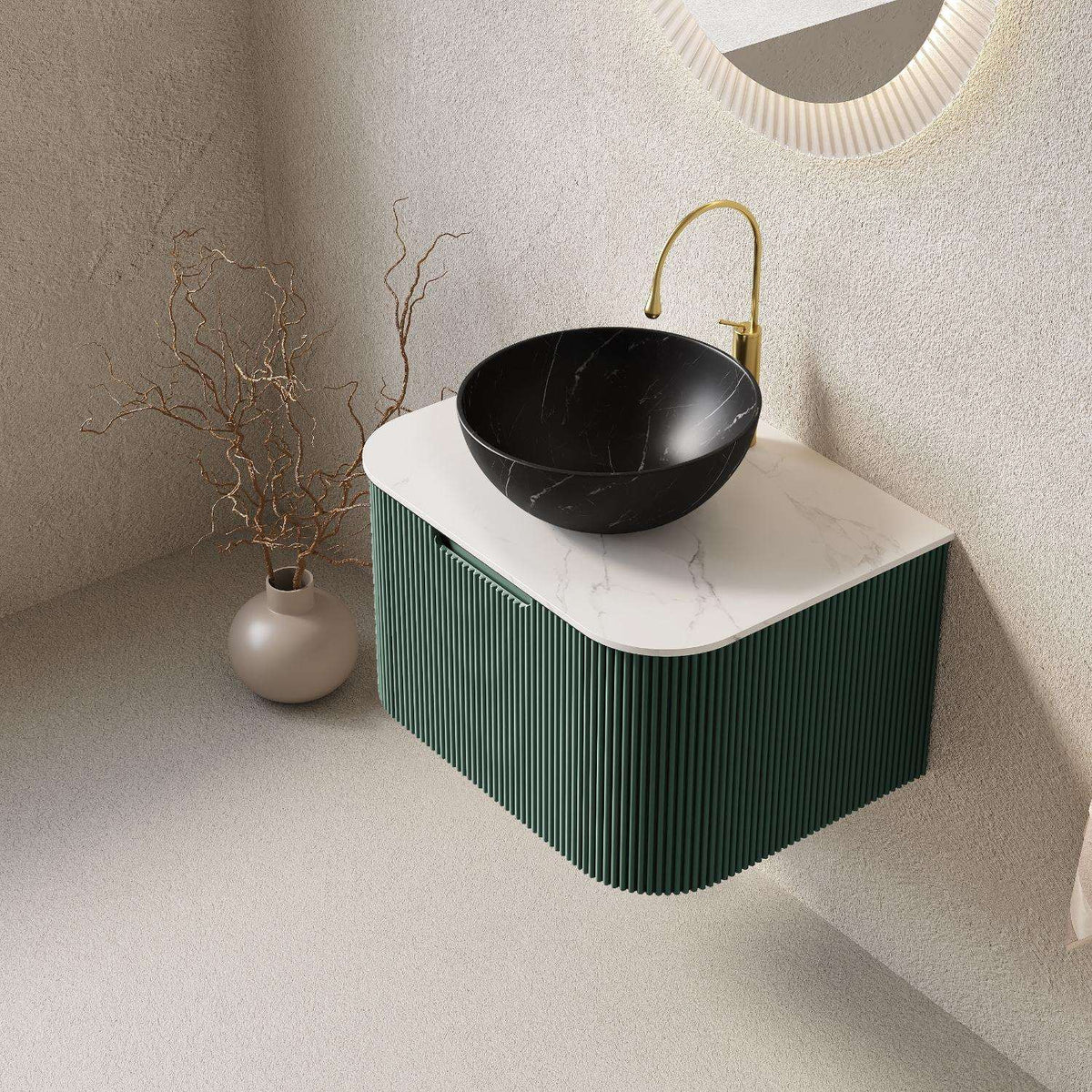 24" Green Wood Floating Bathroom Vanity With Black Sink - HomeRoots - Flyclothing LLC