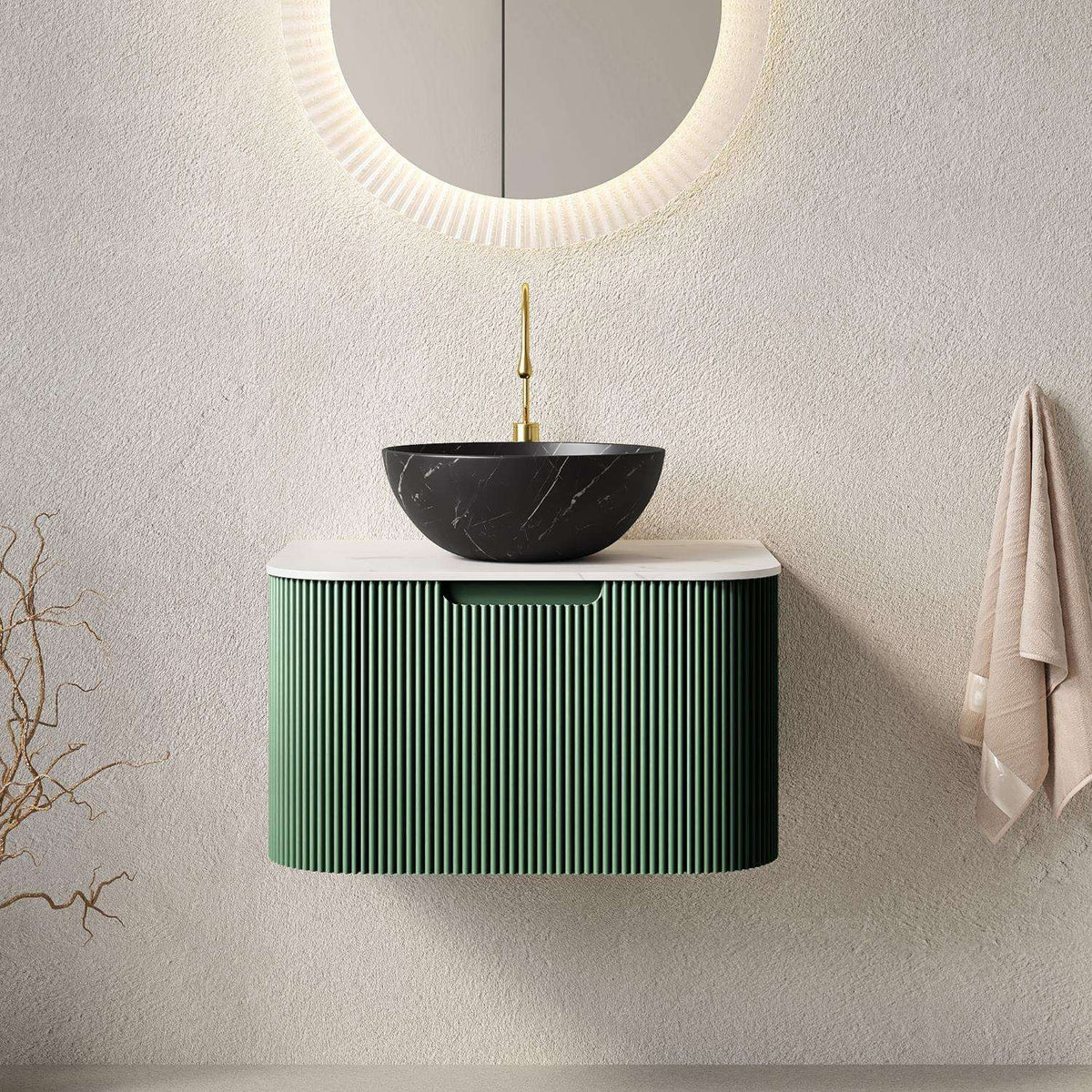 24" Green Wood Floating Bathroom Vanity With Black Sink - HomeRoots - Flyclothing LLC