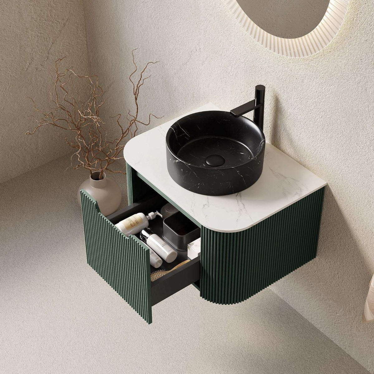 24" Green Wood Floating Bathroom Vanity With Black Sink - HomeRoots - Flyclothing LLC